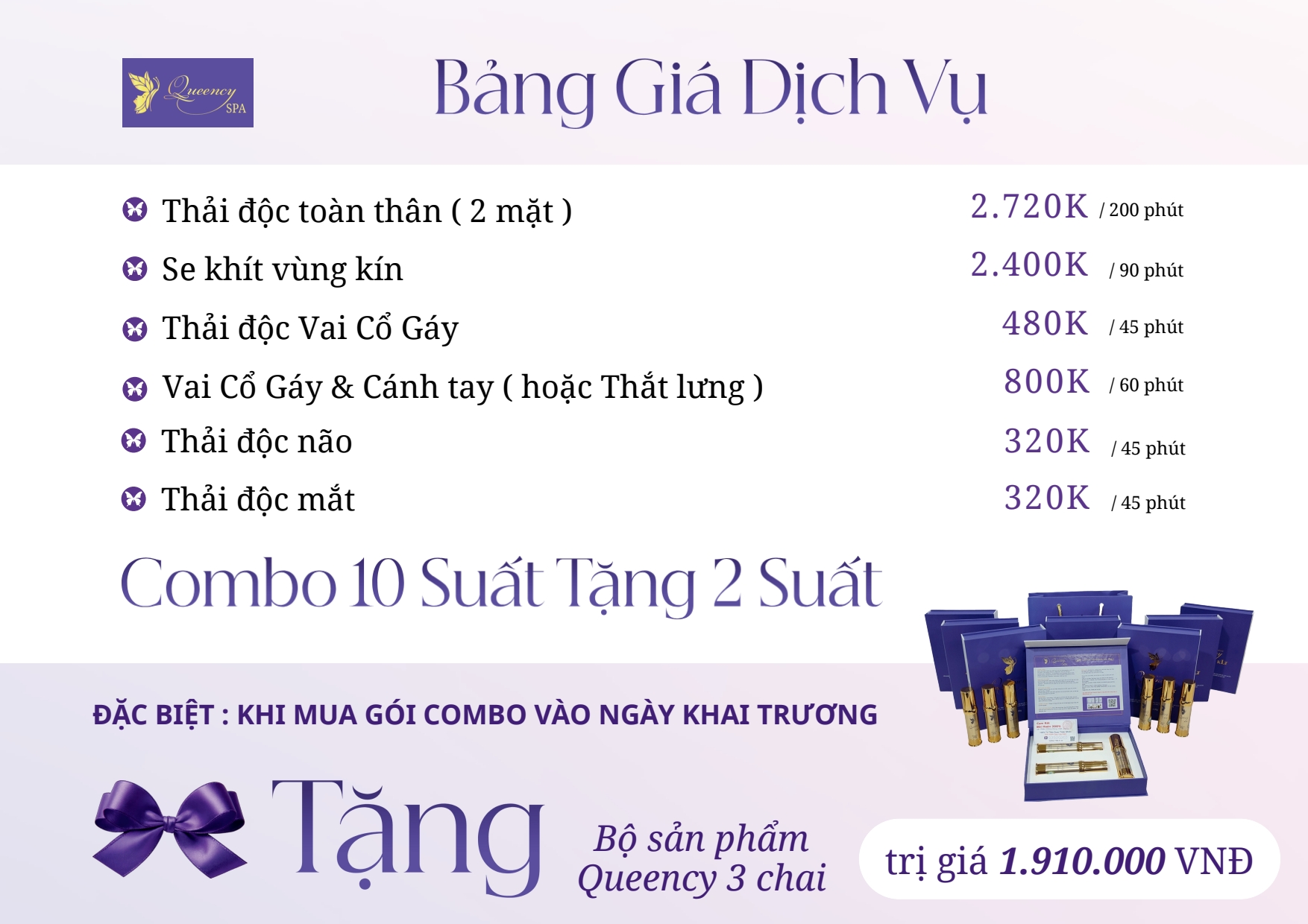 Bảng Giá Dịch Vụ Queency Spa